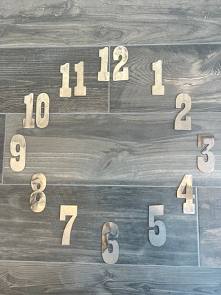 4 Inch Metal Clock Number Set Natural Steel Finish - Playbill Font