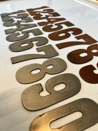 4 Inch Metal Clock Number Set Natural Steel Finish - Playbill Font