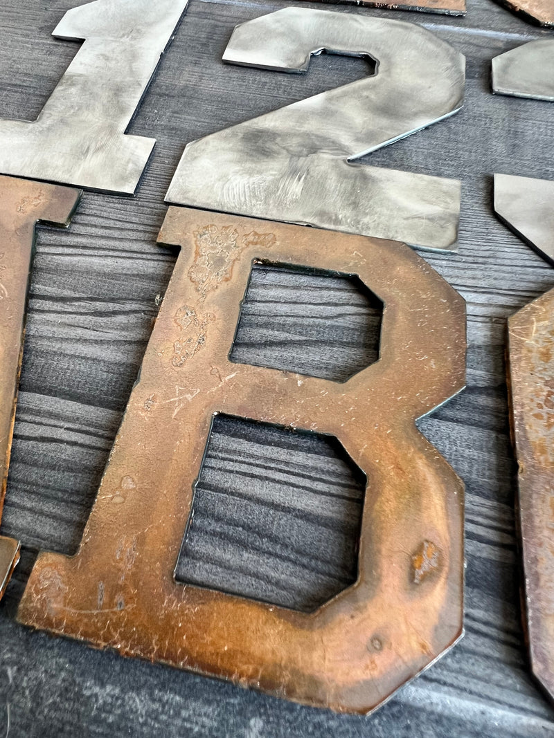 12 Inch Metal Letters and Numbers - Rusty or Natural Steel Finish - Varsity