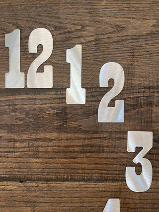 4 Inch Metal Clock Number Set Natural Steel Finish - Playbill Font