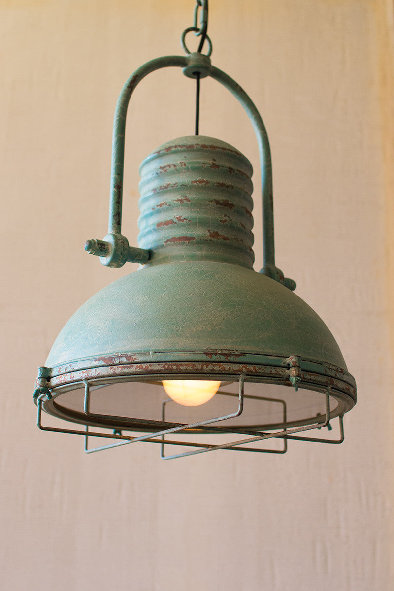 Rustic Turquoise Pendant Light with Wire Cage