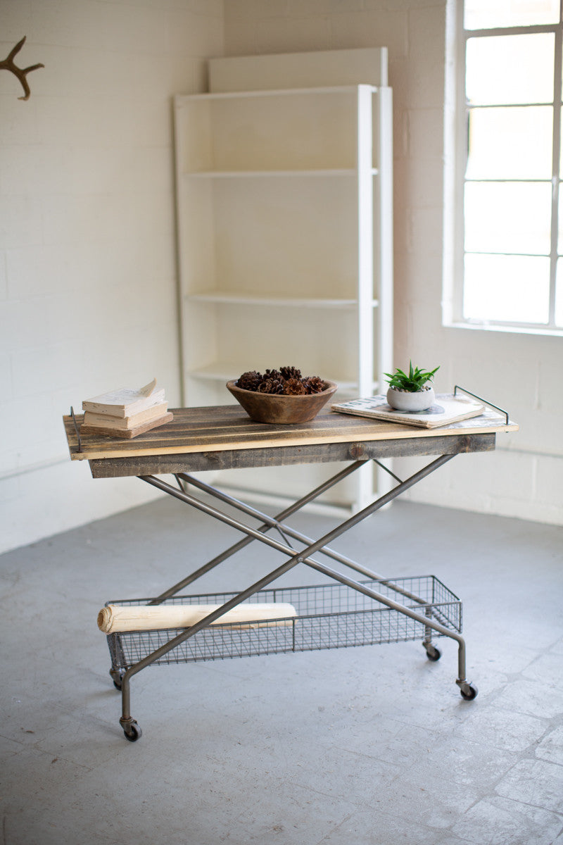 Farmhouse Wooden Console Table with Metal Basket
