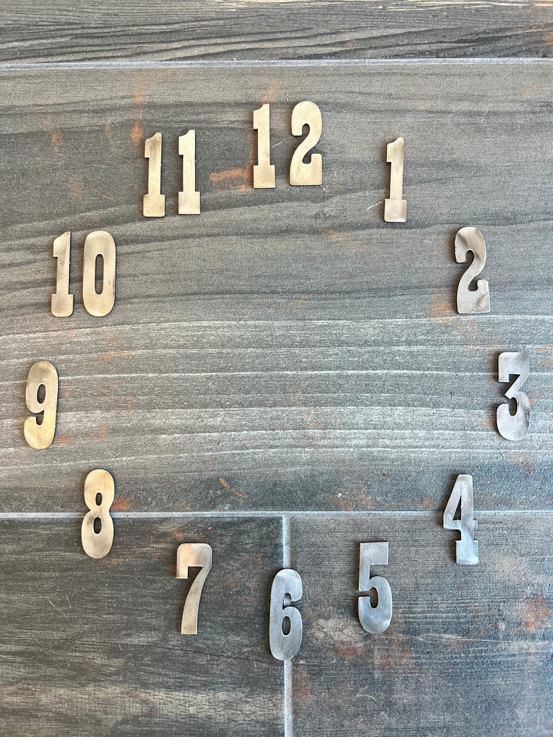 1.5 Inch Clock Number Set. Includes Numbers 1-12 - Rusty or Natural Steel Finish