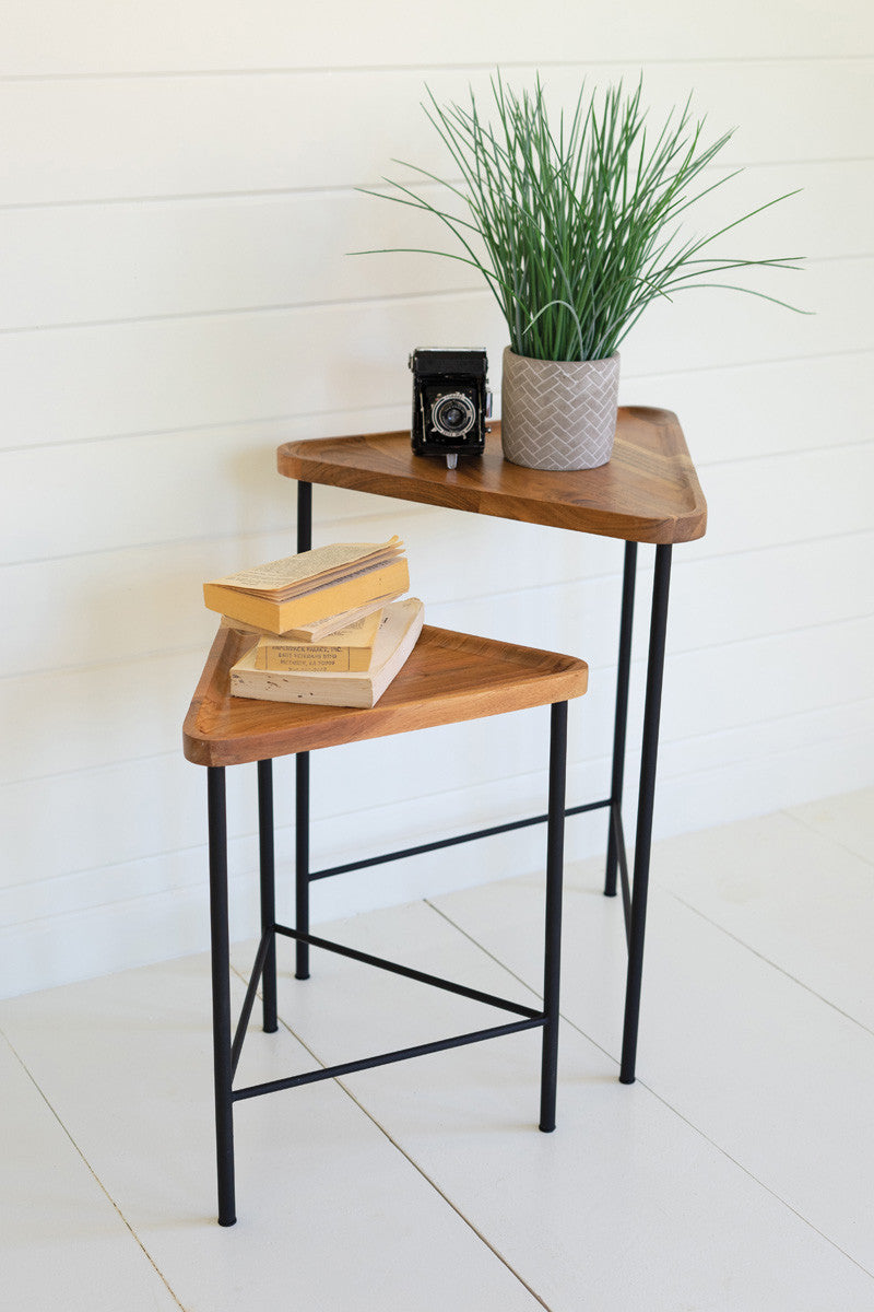 Set of 2 - Triangle Acacia Wood Side Tables with Iron Bases