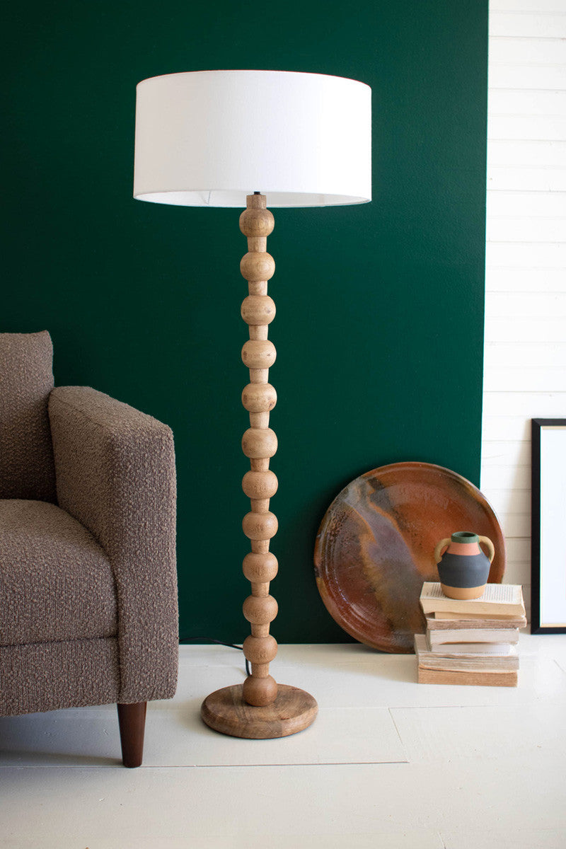 Carved Wooden Floor Lamp with Off-White Barrel Shade