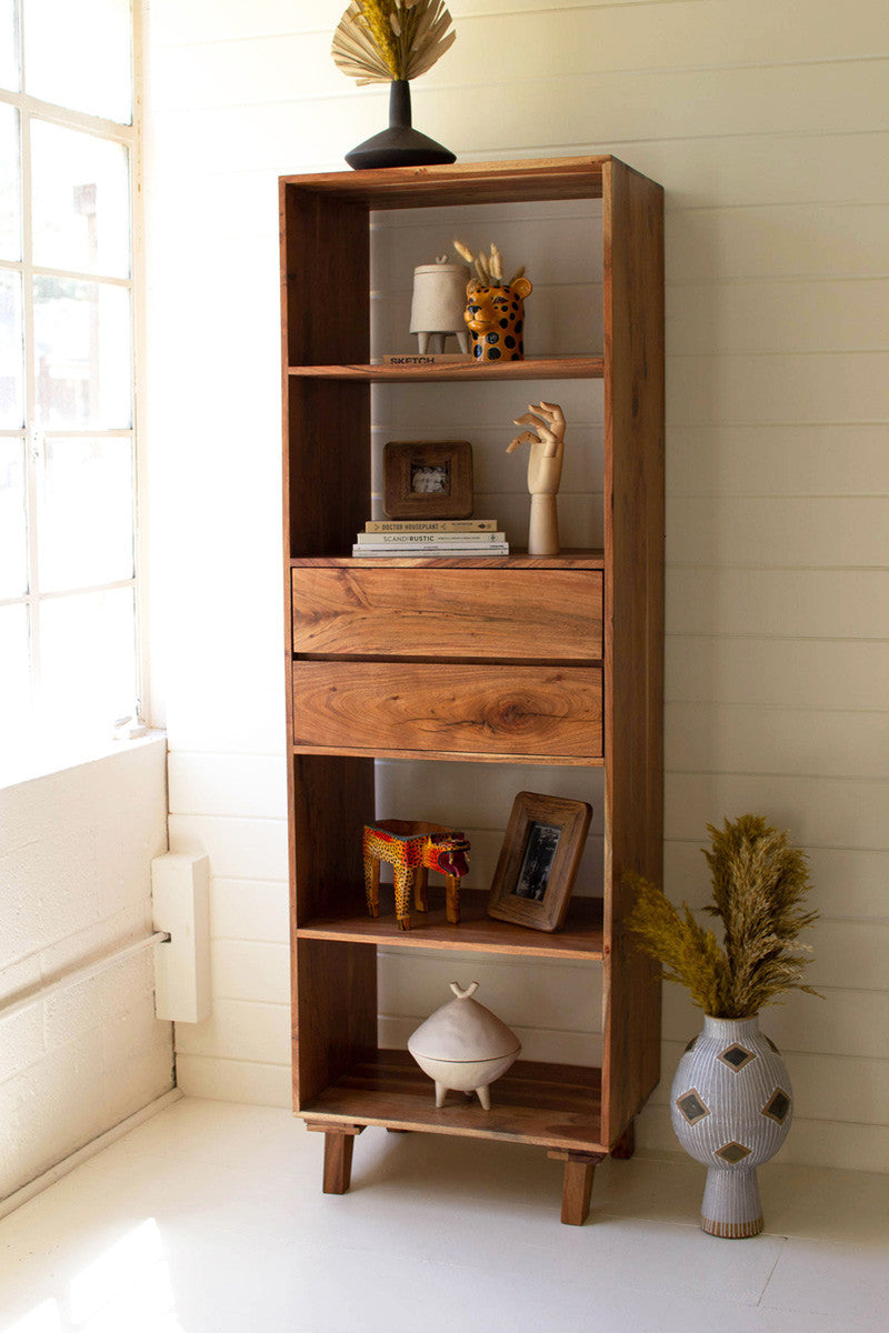 Tall Acacia Wood Cabinet with Two Drawers