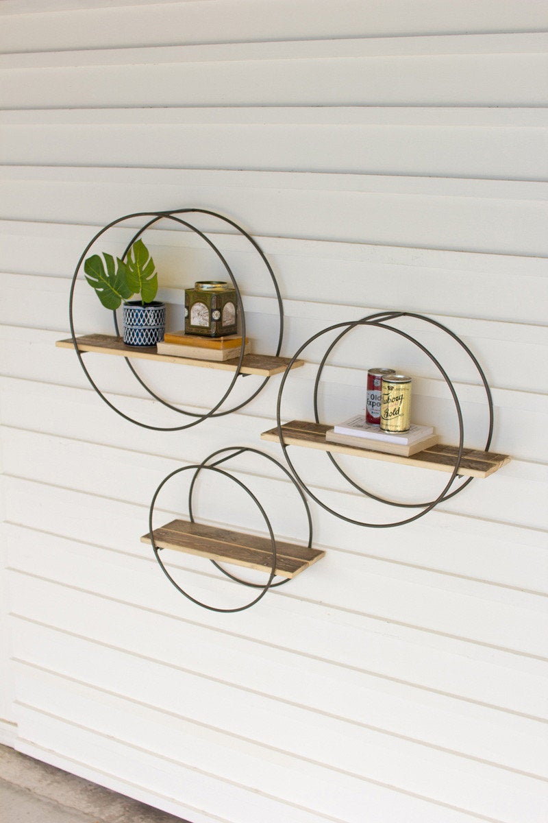 3 Wooden Shelves with Round Metal Frames