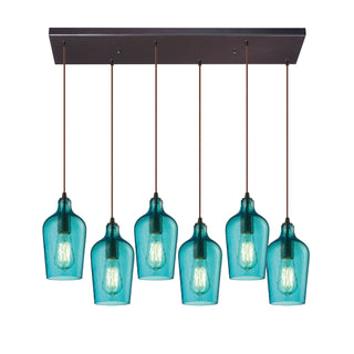 Hammered Glass 30'' Wide 6-Light Pendant - Oil Rubbed Bronze with Aqua