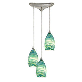 Collanino 12'' Wide 3-Light Pendant - Satin Nickel with Aqua Swirl Glass