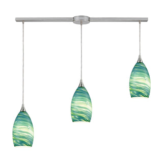 Collanino 38'' Wide 3-Light Pendant - Satin Nickel with Aqua Swirl Glass