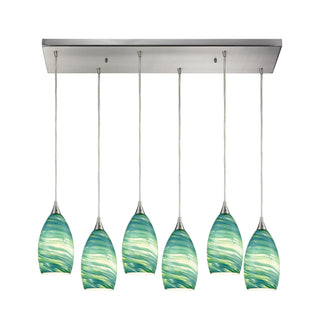 Collanino 32'' Wide 6-Light Pendant - Satin Nickel with Aqua Swirl Glass