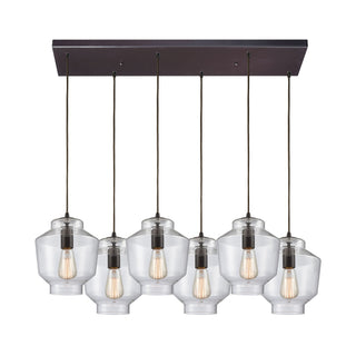 Barrel 6-Light Rectangular Pendant Fixture in Oil Rubbed Bronze with Clear Blown Glass