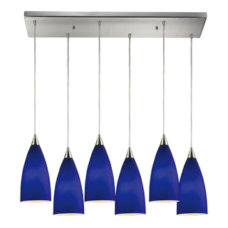 Vesta 30'' Wide 6-Light Pendant - Satin Nickel with Blue Glass