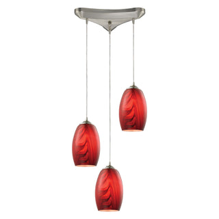 Tidewaters 10'' Wide 3-Light Pendant - Satin Nickel with Ruby Glass