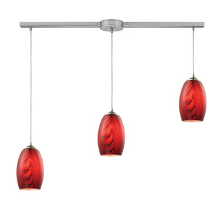 Tidewaters 36'' Wide 3-Light Pendant - Satin Nickel with Ruby Glass