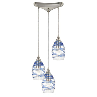 Vines 12'' Wide 3-Light Pendant - Satin Nickel with Blue Glass