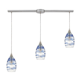 Vines 36'' Wide 3-Light Pendant - Satin Nickel with Blue Glass