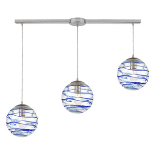 Vines 36'' Wide 3-Light Pendant - Satin Nickel with Blue Glass