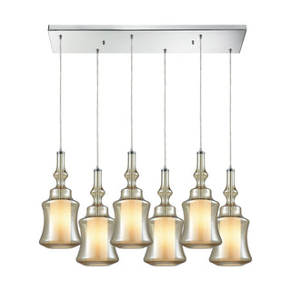 Alora 6-Light Rectangular Pendant Fixture in Chrome with Champagne-plated and Opal White Glass