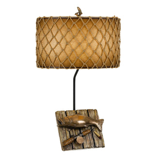 150W 3 Way Fishing Trophy Resin Table Lamp With Roped Hand Painted Shade