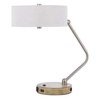 60W X 2 Marcos Metal Desk Lamp With Drum Fabric Shade And 1 Usb And 1 Type C Usb Charging Port With Rubber Wood Base