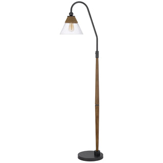 60W Hinton downbridge metal floor lamp with faux wood pole and glass shade