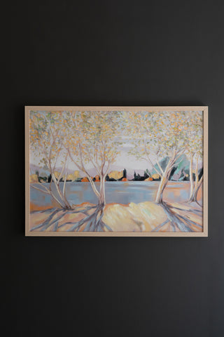 FRAMED ACRYLIC PAINTING - TREES BY THE LAKE