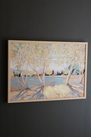 FRAMED ACRYLIC PAINTING - TREES BY THE LAKE