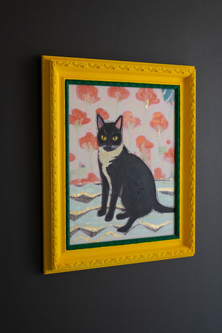 YELLOW AND GREEN FRAMED ACRYLIC PAINTING - CAT