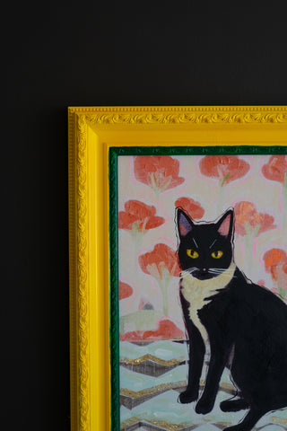 YELLOW AND GREEN FRAMED ACRYLIC PAINTING - CAT