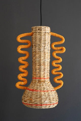 RECYCLED PAPER ROPE AND IRON PENDANT LIGHT WITH SQUIGGLE DETAIL