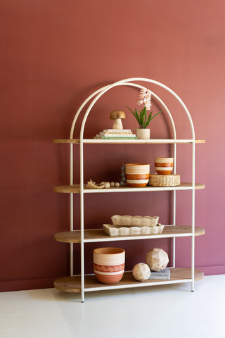 PAINTED METAL ARCHED DISPLAY WITH FOUR WOODEN SHELVES