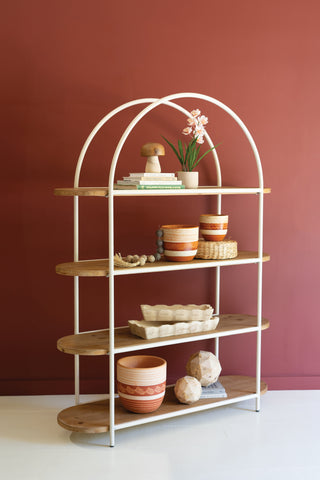 PAINTED METAL ARCHED DISPLAY WITH FOUR WOODEN SHELVES