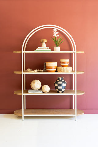 PAINTED METAL ARCHED DISPLAY WITH FOUR WOODEN SHELVES