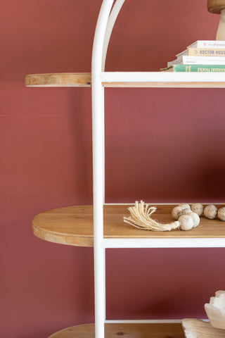 PAINTED METAL ARCHED DISPLAY WITH FOUR WOODEN SHELVES