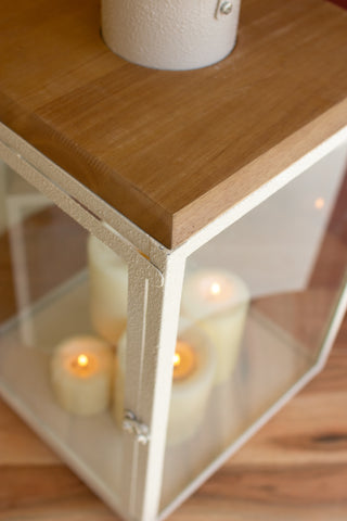 SET OF TWO METAL AND WOOD LANTERNS WITH GLASS SIDES