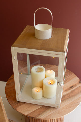 SET OF TWO METAL AND WOOD LANTERNS WITH GLASS SIDES