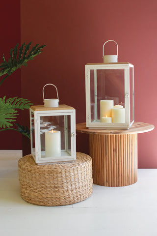 SET OF TWO METAL AND WOOD LANTERNS WITH GLASS SIDES