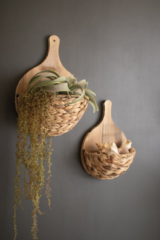 SET OF TWO SEAGRASS AND WOOD WALL POCKETS