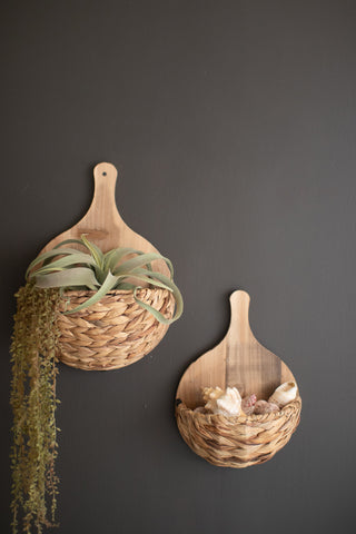 SET OF TWO SEAGRASS AND WOOD WALL POCKETS