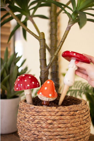 SET OF THREE CERAMIC MUSHROOM PLANT STICKS