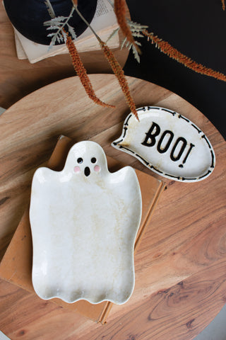 SET OF TWO "BOO" GHOST CERAMIC SERVING PLATTERS