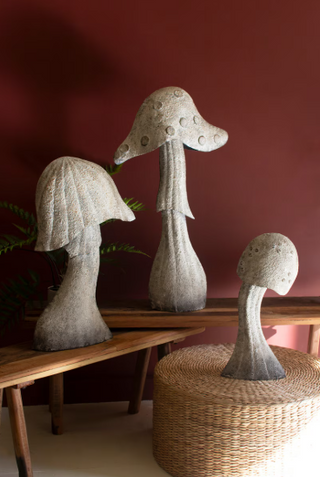 SET OF THREE RUSTIC METAL MUSHROOMS