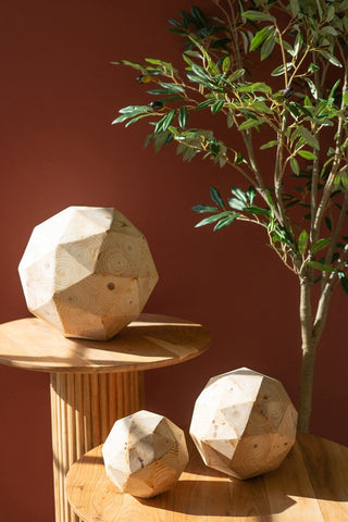 SET OF THREE CUBIST PINE WOOD SPHERES