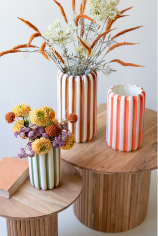 SET OF THREE CERAMIC VASES WITH VERTICAL STRIPES - ONE EACH COLOR