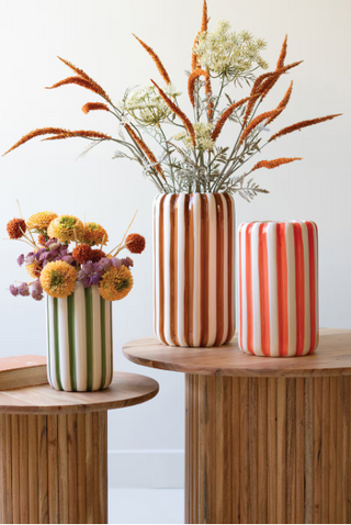 SET OF THREE CERAMIC VASES WITH VERTICAL STRIPES - ONE EACH COLOR