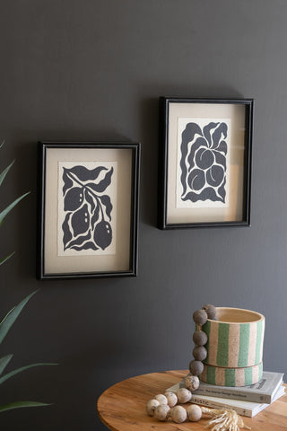 SET OF TWO BLACK AND WHITE FRUITS PRINTS UNDER GLASS