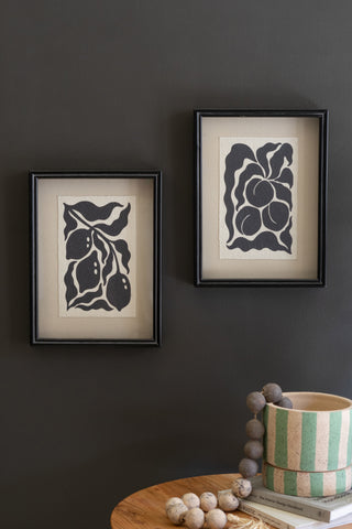 SET OF TWO BLACK AND WHITE FRUITS PRINTS UNDER GLASS