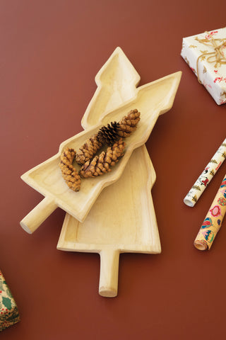 SET OF TWO CARVED WOODEN CHRISTMAS TREE PLATTERS