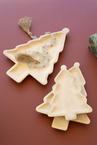 SET OF THREE CARVED WOOD  CHRISTMAS TREE PLATTERS